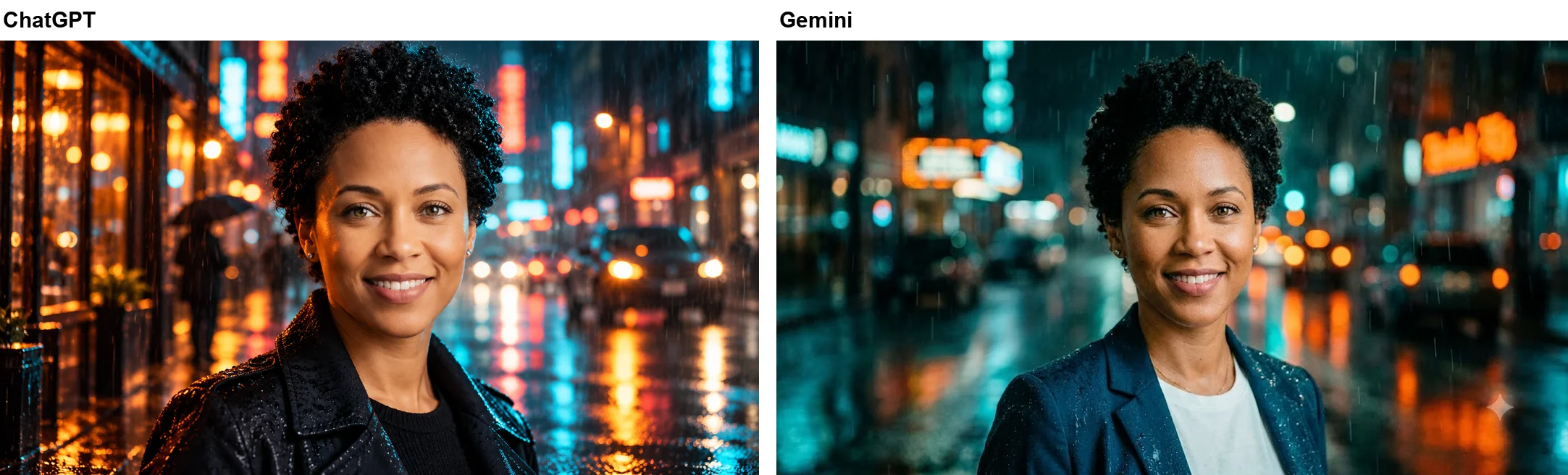 Left: ChatGPT's rainy night portrait of the smiling woman in a wet black leather jacket on a neon-lit street, with a pedestrian holding an umbrella and a car behind her. Right: Gemini's version, which kept her navy blazer and white t-shirt