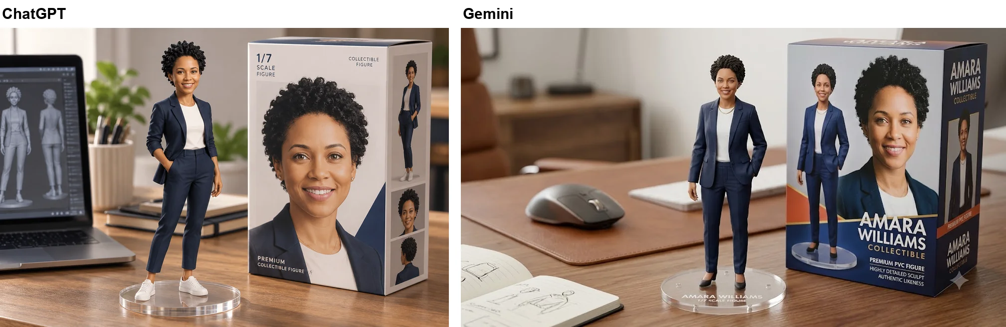 Left: ChatGPT's collectible figure of the woman in a navy trouser suit and white sneakers on a clear base, beside a box reading 1/7 Scale Figure and Premium Collectible Figure, with a laptop showing grey 3D models. Right: Gemini's figure, whose box carries an invented name, AMARA WILLIAMS
