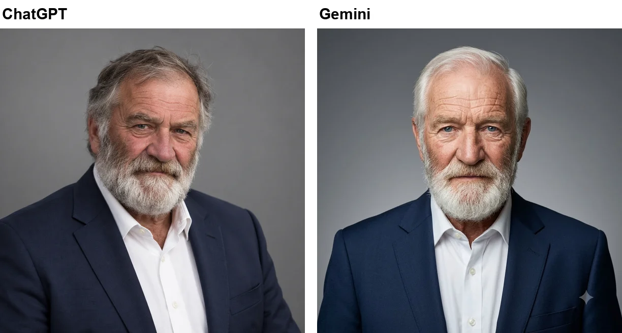 Left: ChatGPT's square studio headshot of an older bearded man in a navy suit, with tousled grey-brown hair and blue-grey eyes. Right: Gemini's headshot from the same photo, with swept-back white hair and pale blue eyes, unlike ChatGPT's guess