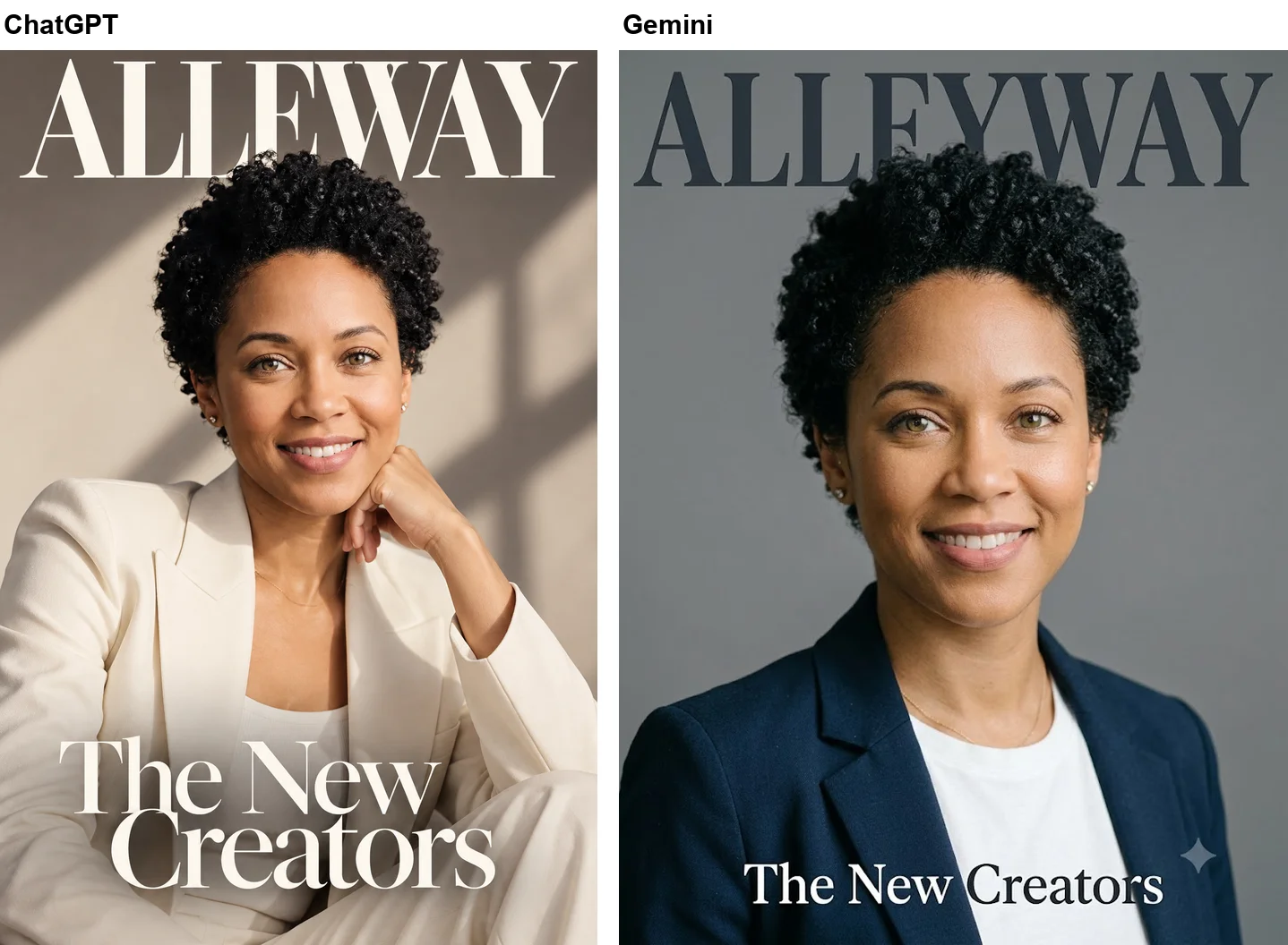 Left: ChatGPT's tall magazine cover of the woman in a cream suit in warm window light, with the masthead misspelt as ALLEWAY and the cover line The New Creators. Right: Gemini's cover, which spells ALLEYWAY correctly but keeps her grey backdrop and navy blazer