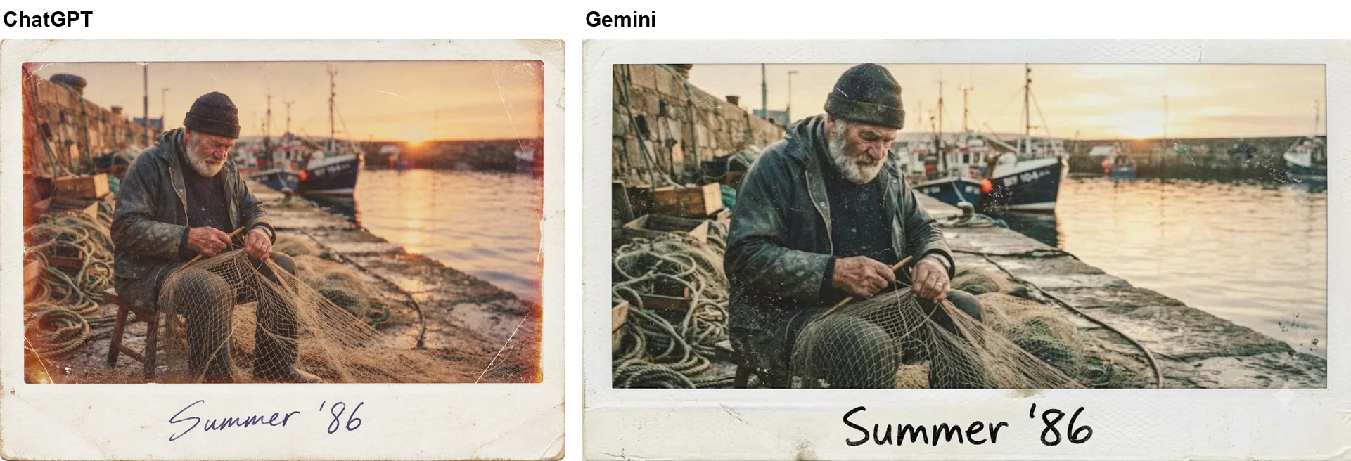 Left: ChatGPT's aged instant photo of the fisherman with a worn off-white border, a warm orange cast and the caption Summer '86 in blue-ink handwriting. Right: Gemini's version, wider, with a cleaner border, milder fading and the caption in black marker