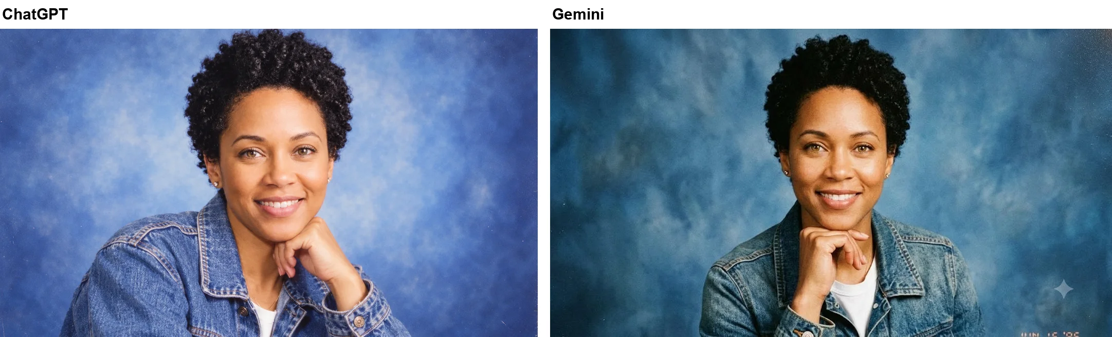 Left: ChatGPT's 1990s mall studio portrait of the smiling woman in a denim jacket, hand under her chin, against a mottled blue backdrop, with no text. Right: Gemini's version of the same prompt, which added an orange film date stamp in the corner