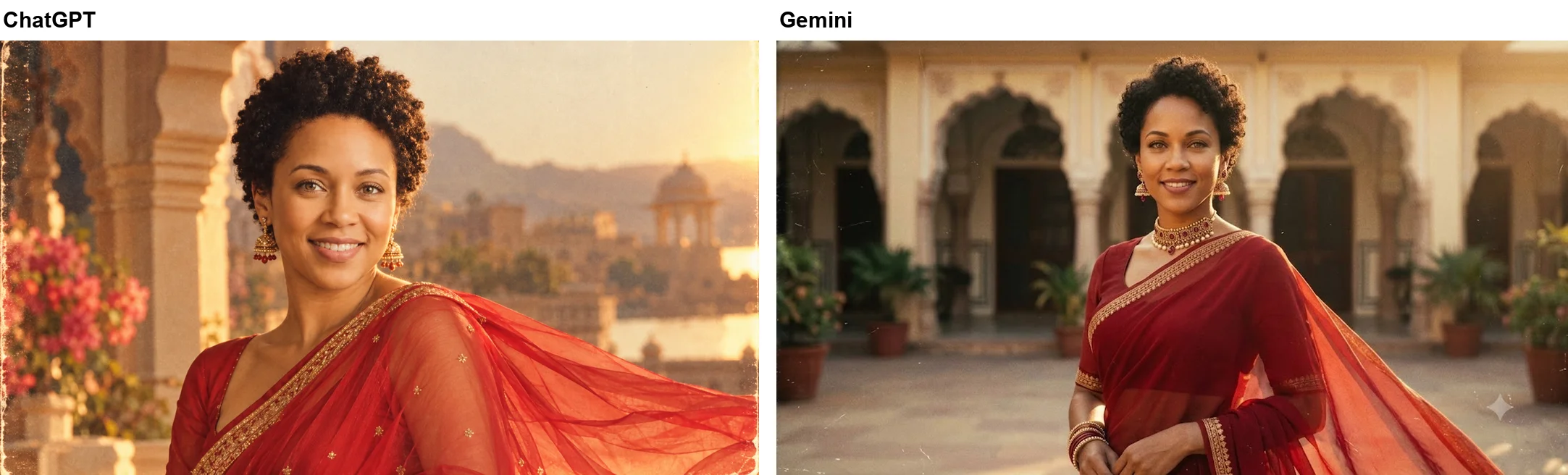 Left: ChatGPT's retro film still of the smiling woman in a sheer red saree with gold border and large gold earrings, on a palace terrace overlooking a lake at golden hour, framed head and shoulders. Right: Gemini's version, pulled back to waist-up in an arched courtyard, with a choker, earrings and bangles