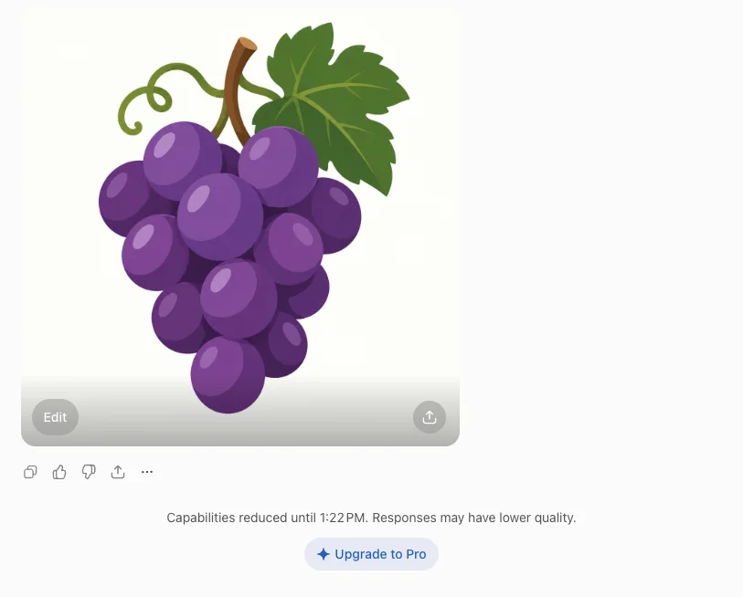 ChatGPT's notice under an image of grapes: Capabilities reduced until 1:22 PM. Responses may have lower quality, with an Upgrade to Pro button