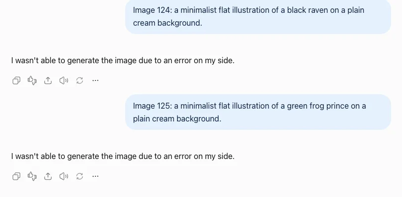 ChatGPT Plus replying "I wasn't able to generate the image due to an error on my side" to two image requests in a row during the limit test