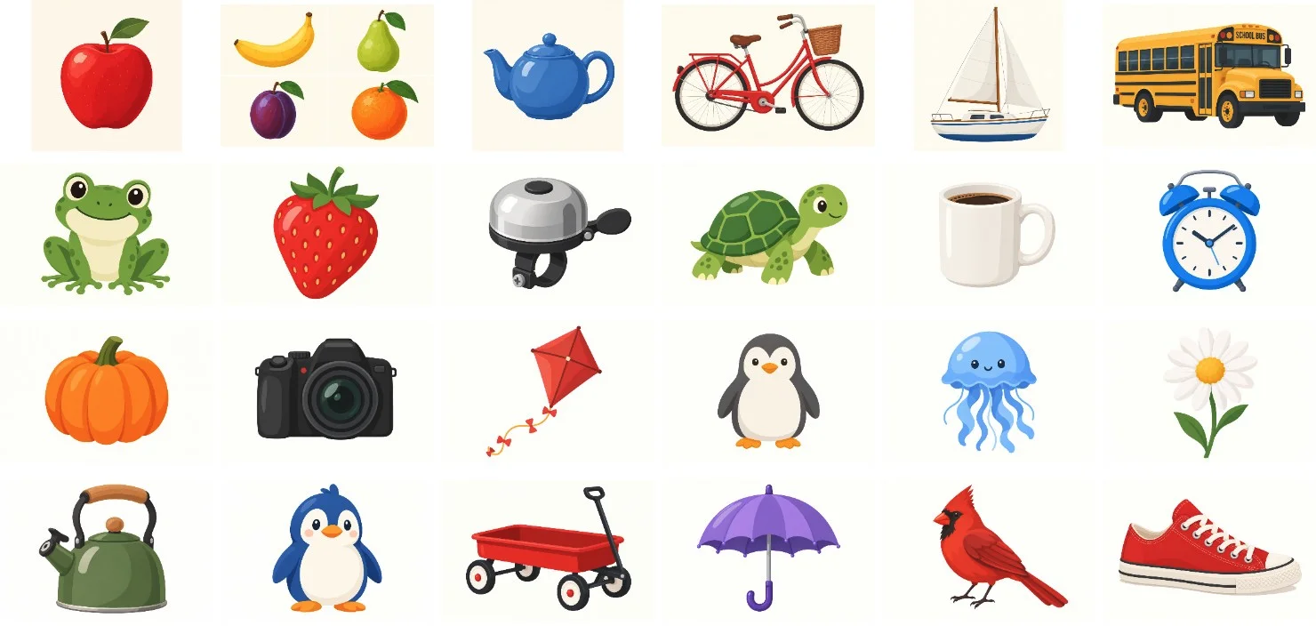 Contact sheet of 24 of the 155 flat illustrations from the ChatGPT Plus limit test, including a 2x2 grid of four fruits from one request