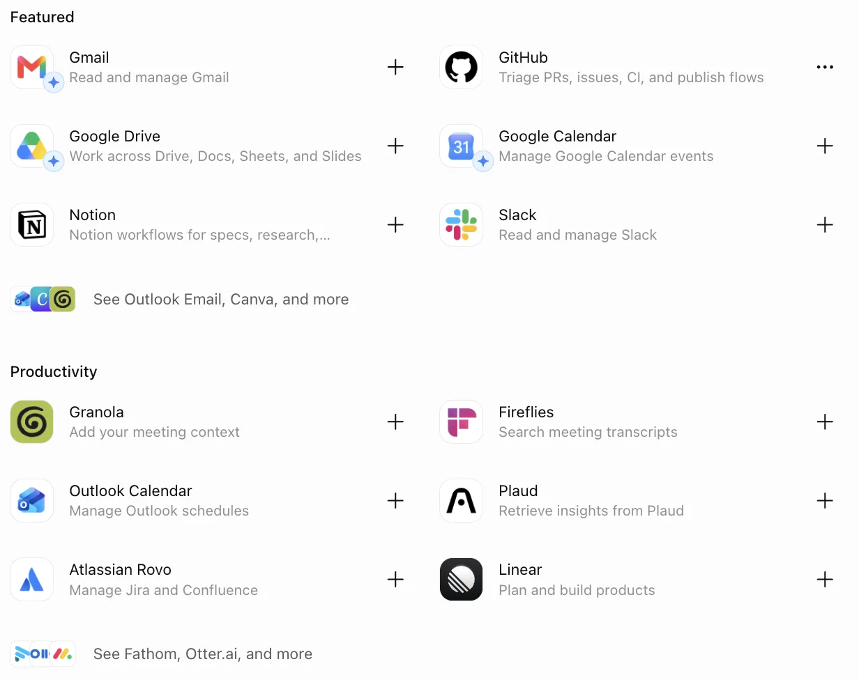The ChatGPT plugin directory on a free account, showing Gmail, GitHub, Google Drive, Google Calendar, Notion and Slack under Featured, with Granola, Fireflies, Outlook Calendar, Plaud, Atlassian Rovo and Linear under Productivity