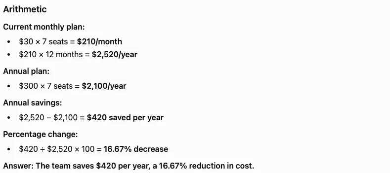 Screenshot of ChatGPT's free tier working through the arithmetic in plain text and arriving at 420 dollars and 16.67 percent