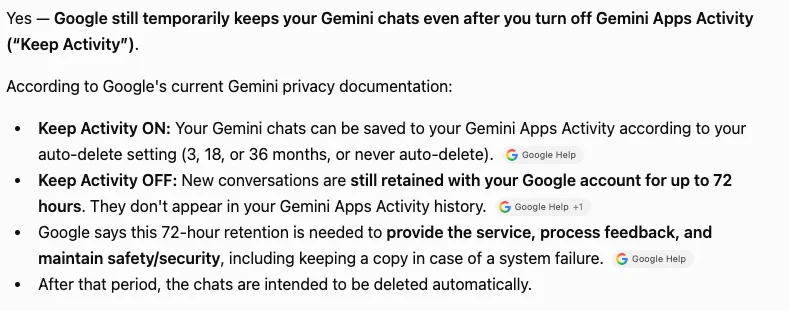 Screenshot of ChatGPT's free tier correctly stating that Google retains Gemini chats for up to 72 hours, citing Google Help