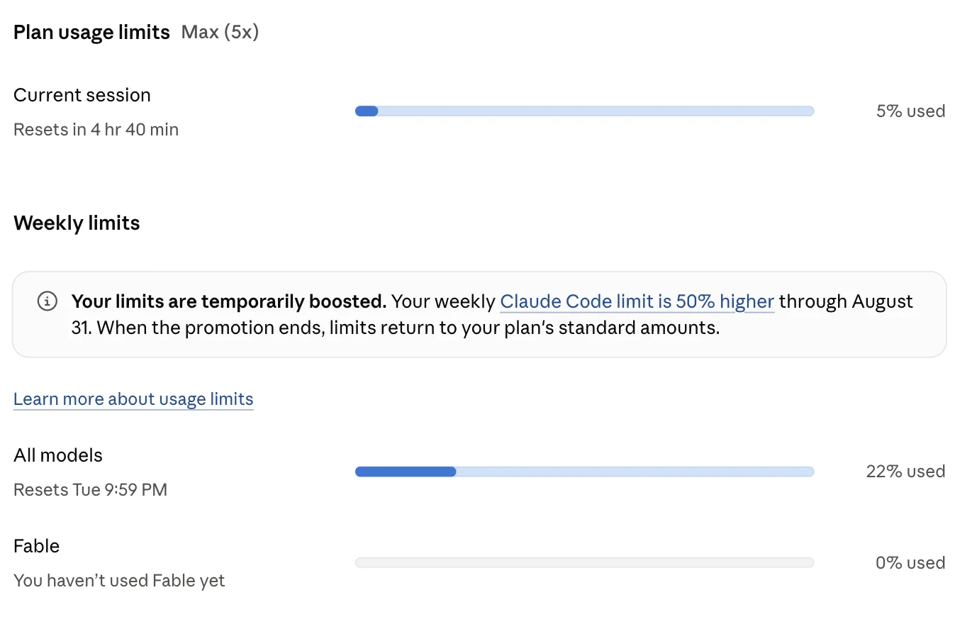 The Claude usage screen on a Max 5x plan, showing a current-session meter at 5% with a five-hour reset, a weekly all-models meter at 22%, and a separate weekly meter for Fable