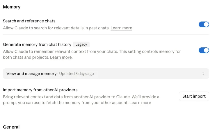 Claude's Capabilities settings showing three memory controls: search and reference chats, generate memory from chat history, and import memory from other AI providers