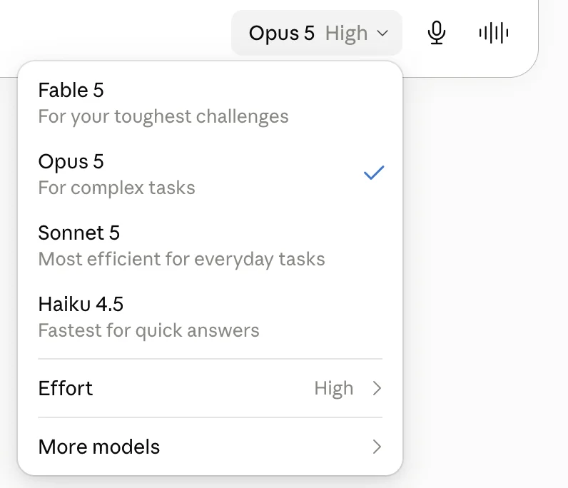 Claude's model picker showing Fable 5, Opus 5, Sonnet 5 and Haiku 4.5, with an Effort setting below them defaulting to High