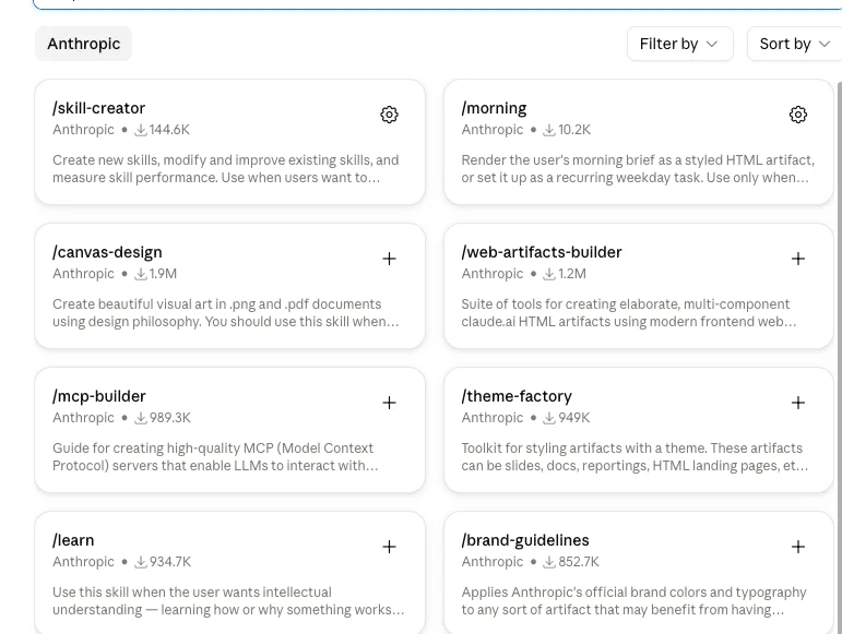 The Claude skills directory showing install counts: canvas-design at 1.9M, web-artifacts-builder at 1.2M, mcp-builder at 989.3K and theme-factory at 949K