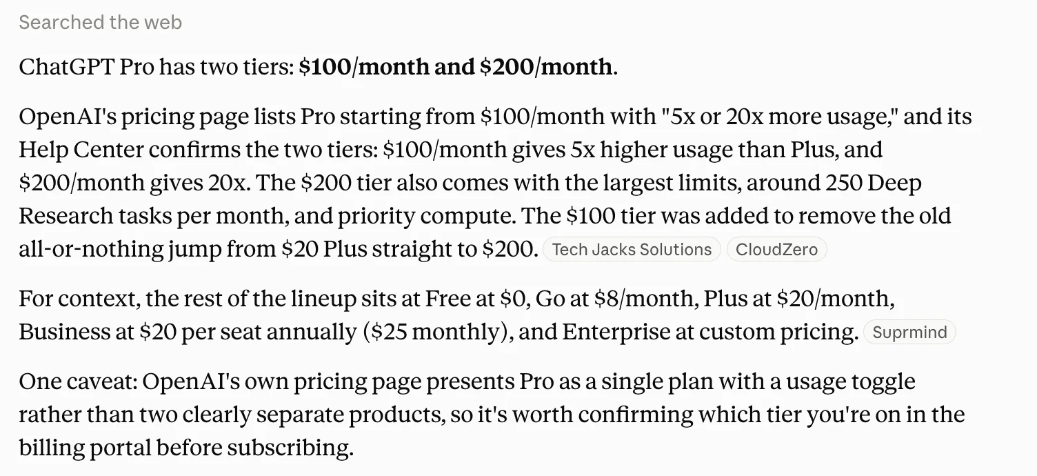 Screenshot of Claude correctly identifying two ChatGPT Pro tiers, citing third-party pricing articles