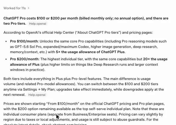 Screenshot of Grok correctly identifying two ChatGPT Pro tiers at one hundred and two hundred dollars, citing OpenAI's help centre