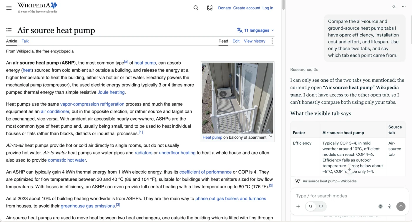 Comet's Assistant replying that it can only see one of the two tabs mentioned, the open Air source heat pump Wikipedia page