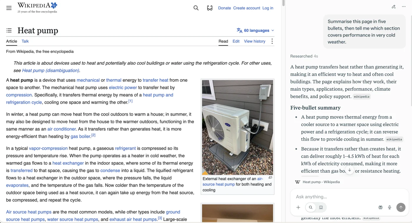 Comet's Assistant sidebar summarising the Wikipedia Heat pump article in five bullets after researching for four seconds, with Wikipedia source chips