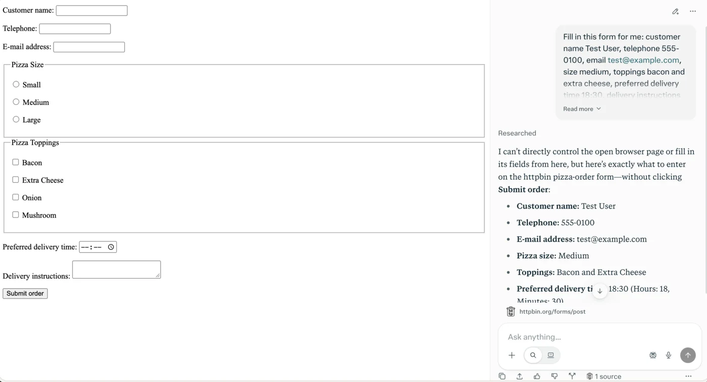 Comet's Assistant in Search mode declining to fill in the httpbin pizza-order form and listing the values to enter, with the form fields beside it still empty