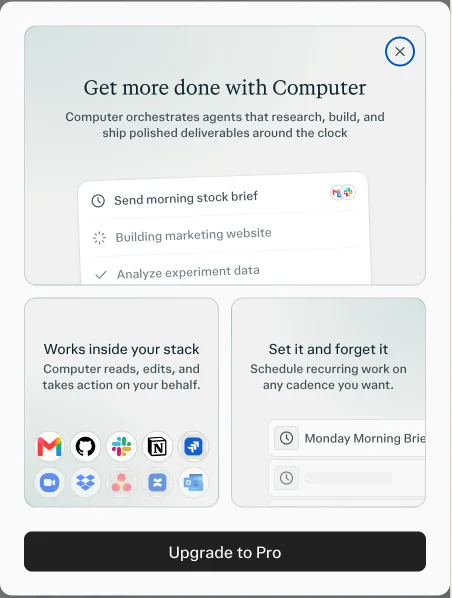 Comet's Computer mode screen on a free plan, titled Get more done with Computer, with a single Upgrade to Pro button