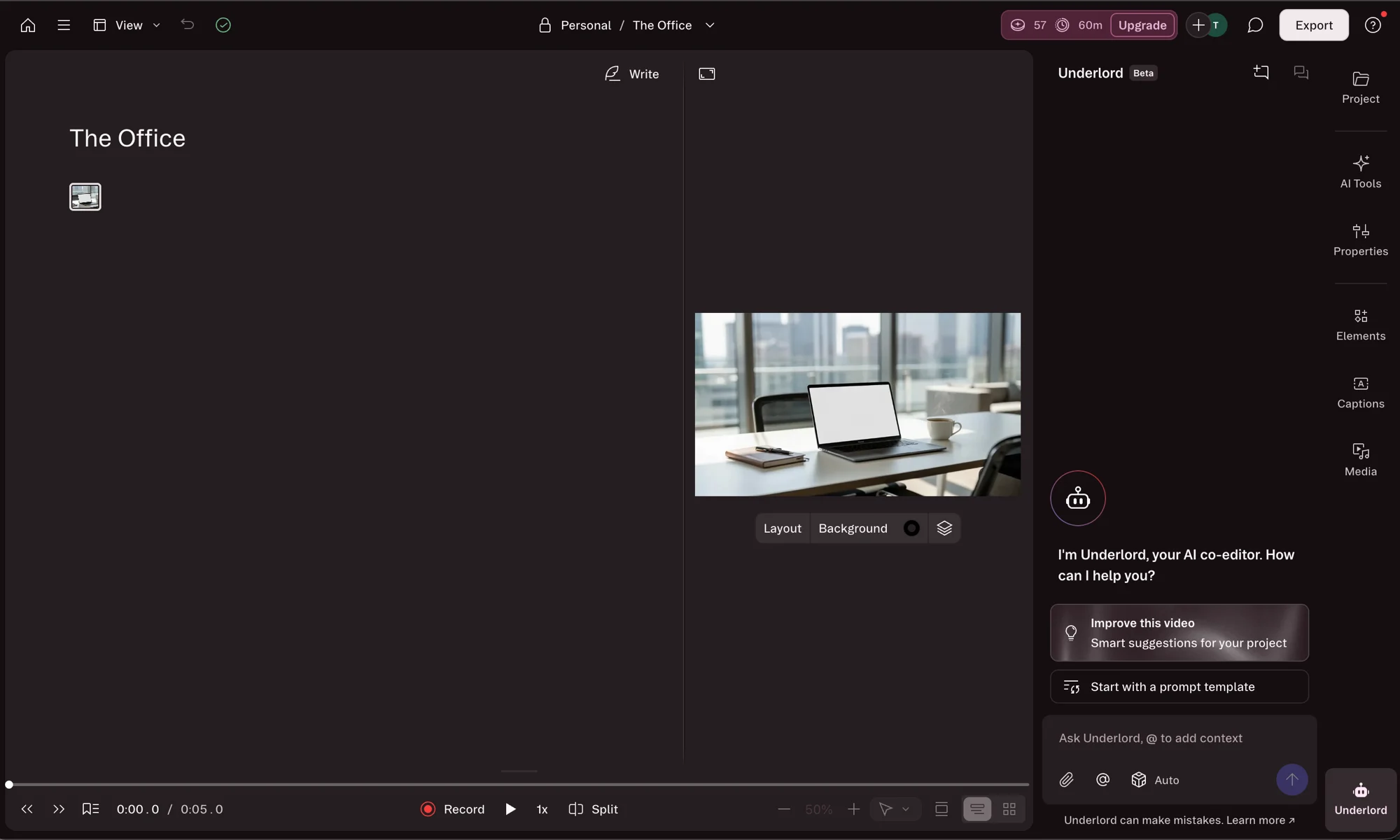 Descript's full editor — transcription, timeline, and the Underlord AI panel in one app