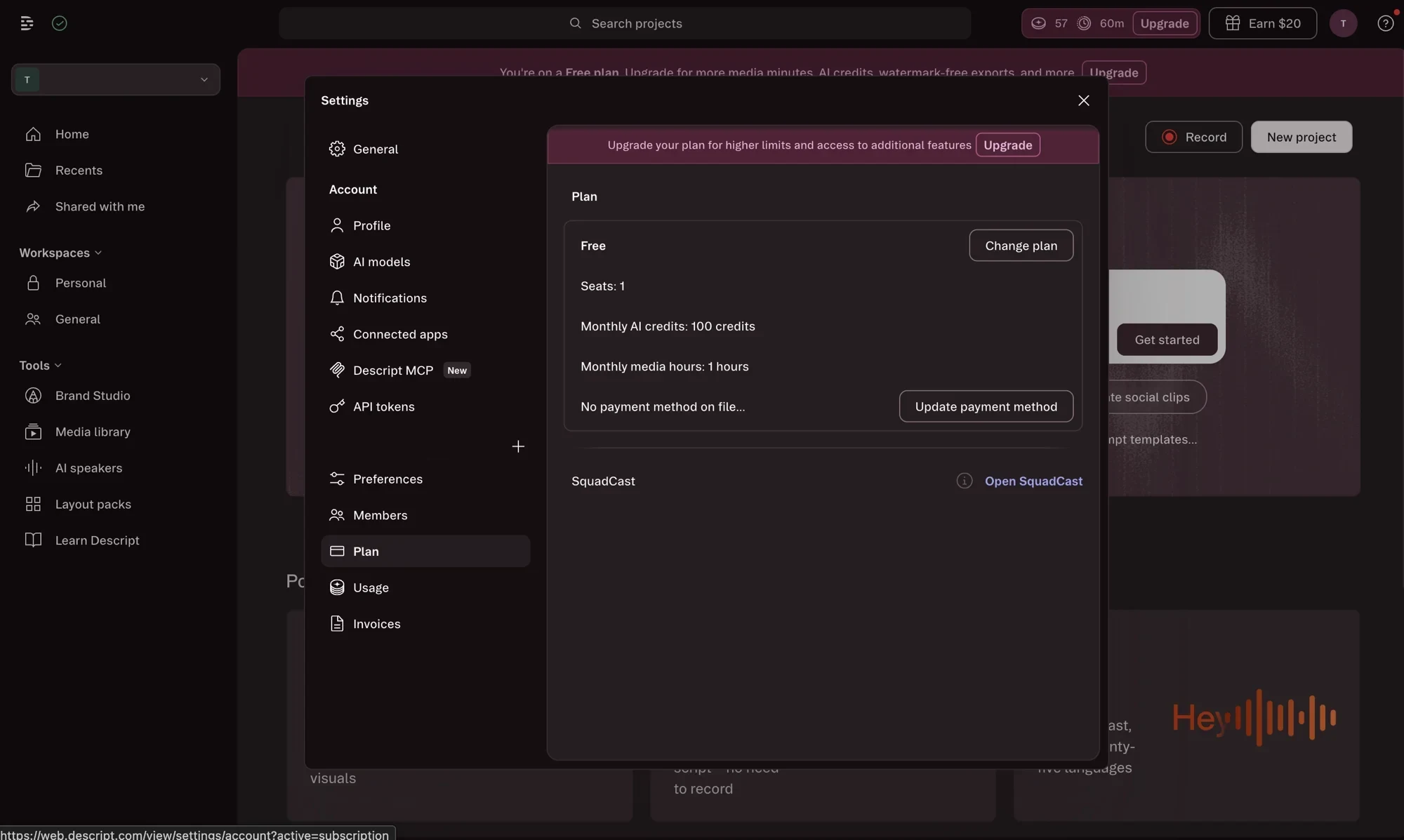 Descript's free plan details: one seat, 100 AI credits, and one media hour a month