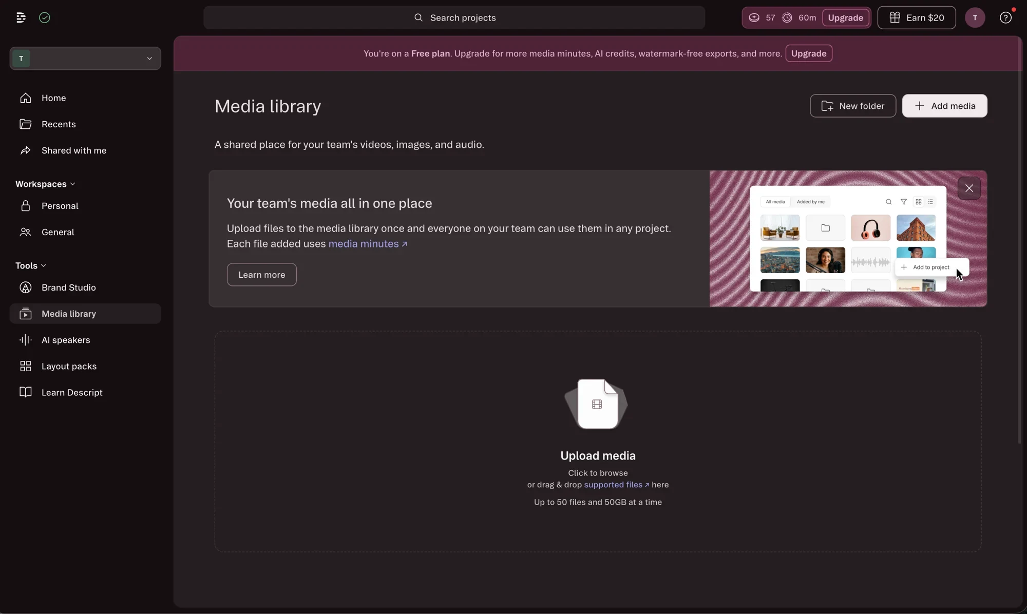 Descript's Media library, noting that each file added uses media minutes
