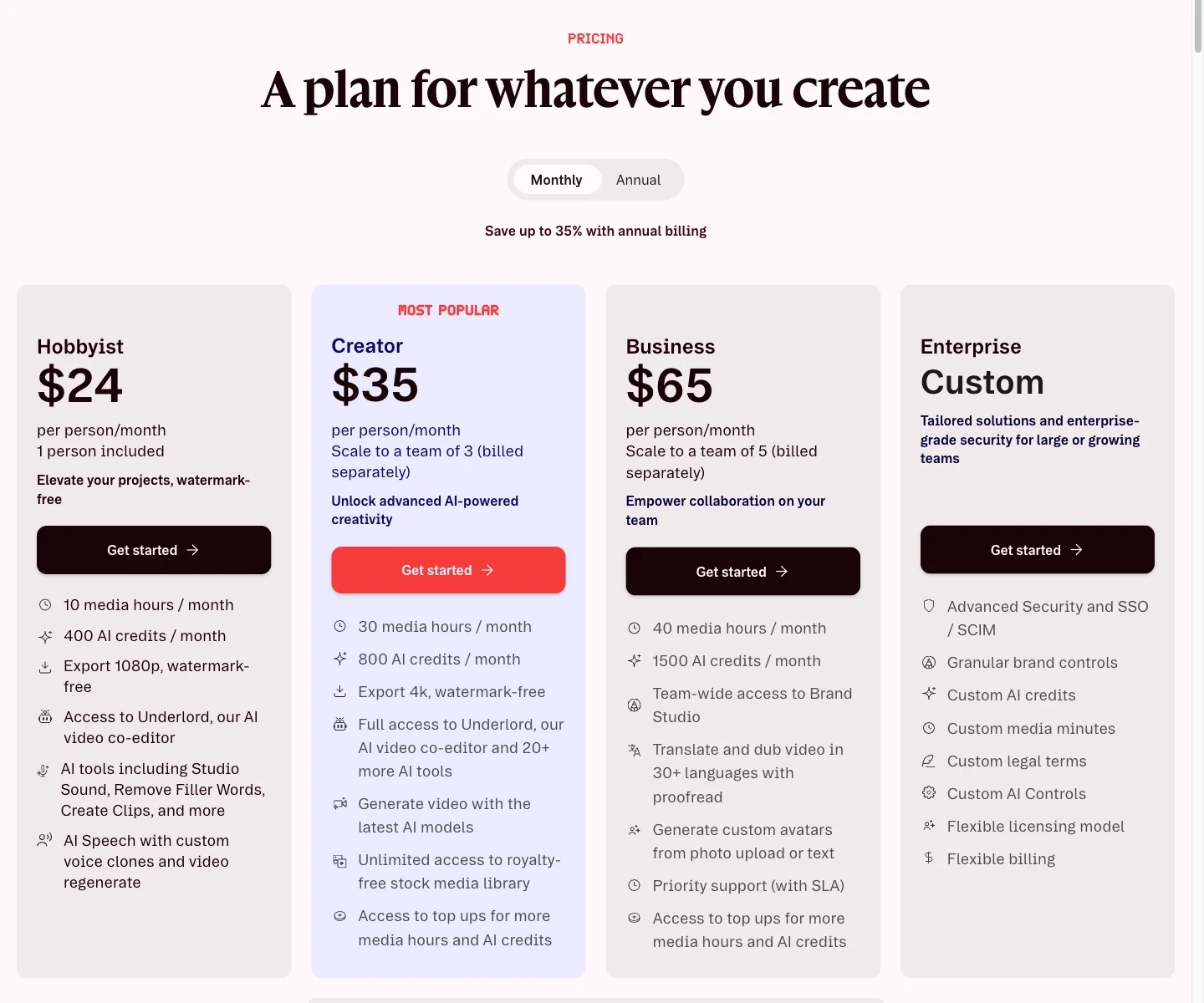 Descript's pricing tiers — Free, Hobbyist, Creator, Business