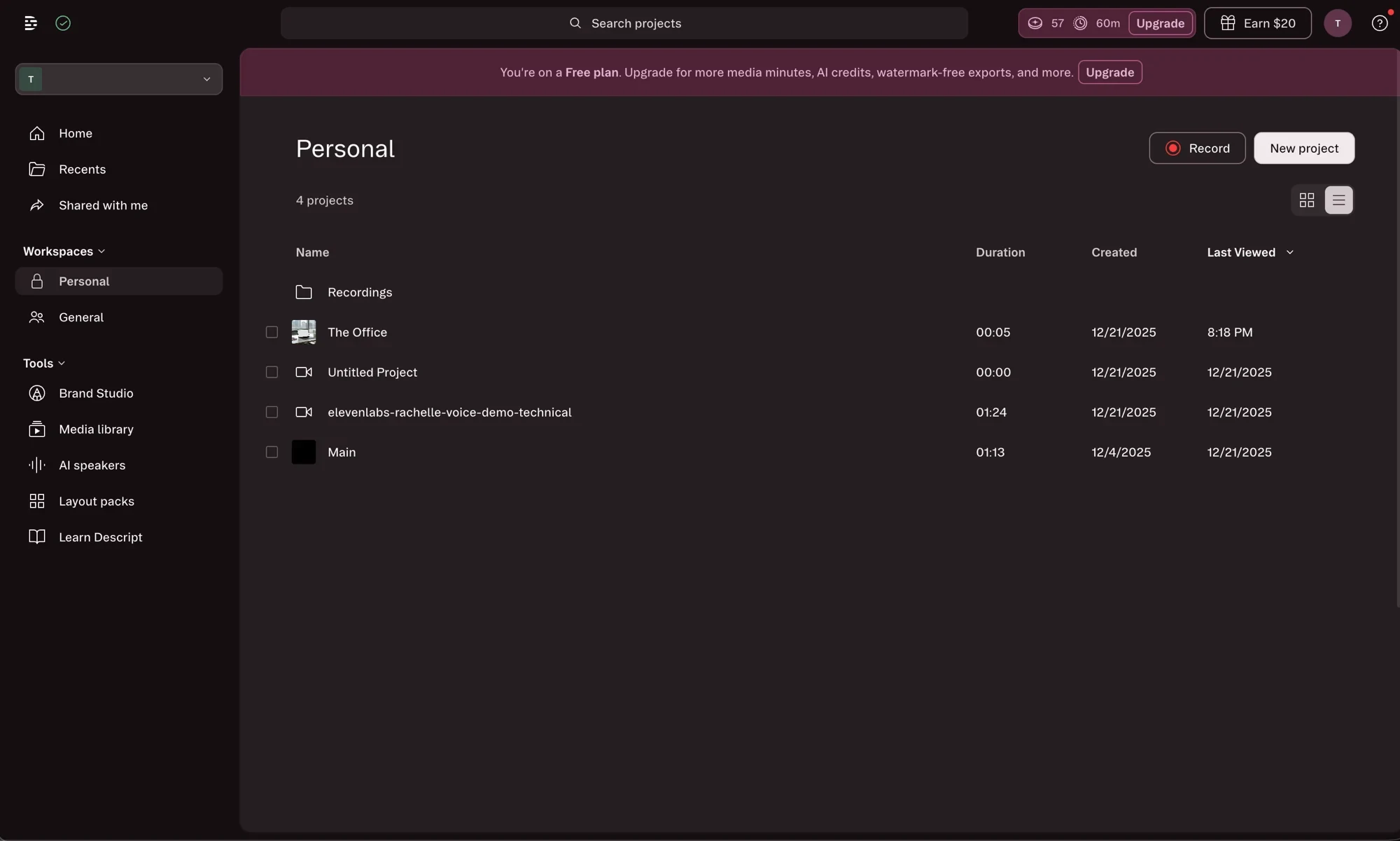 My Descript projects on the free plan, including recordings and a voice demo