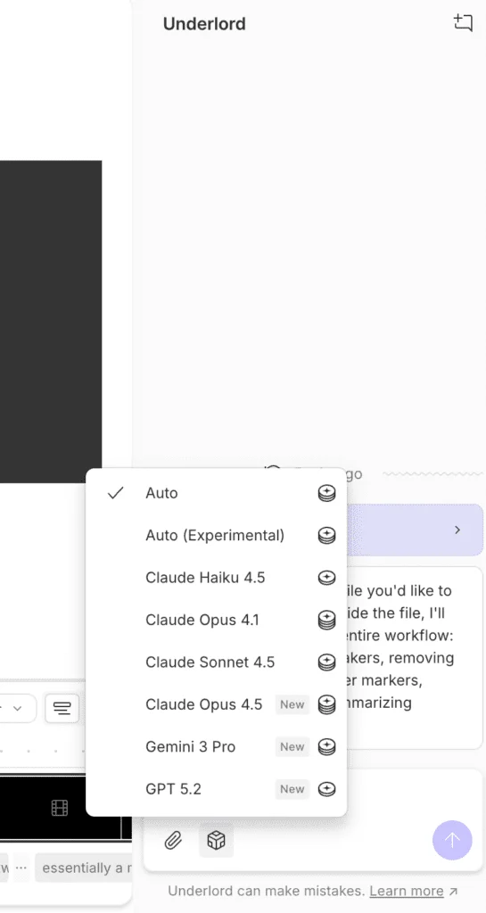 The Underlord AI co-editor panel in Descript, ready to take editing instructions