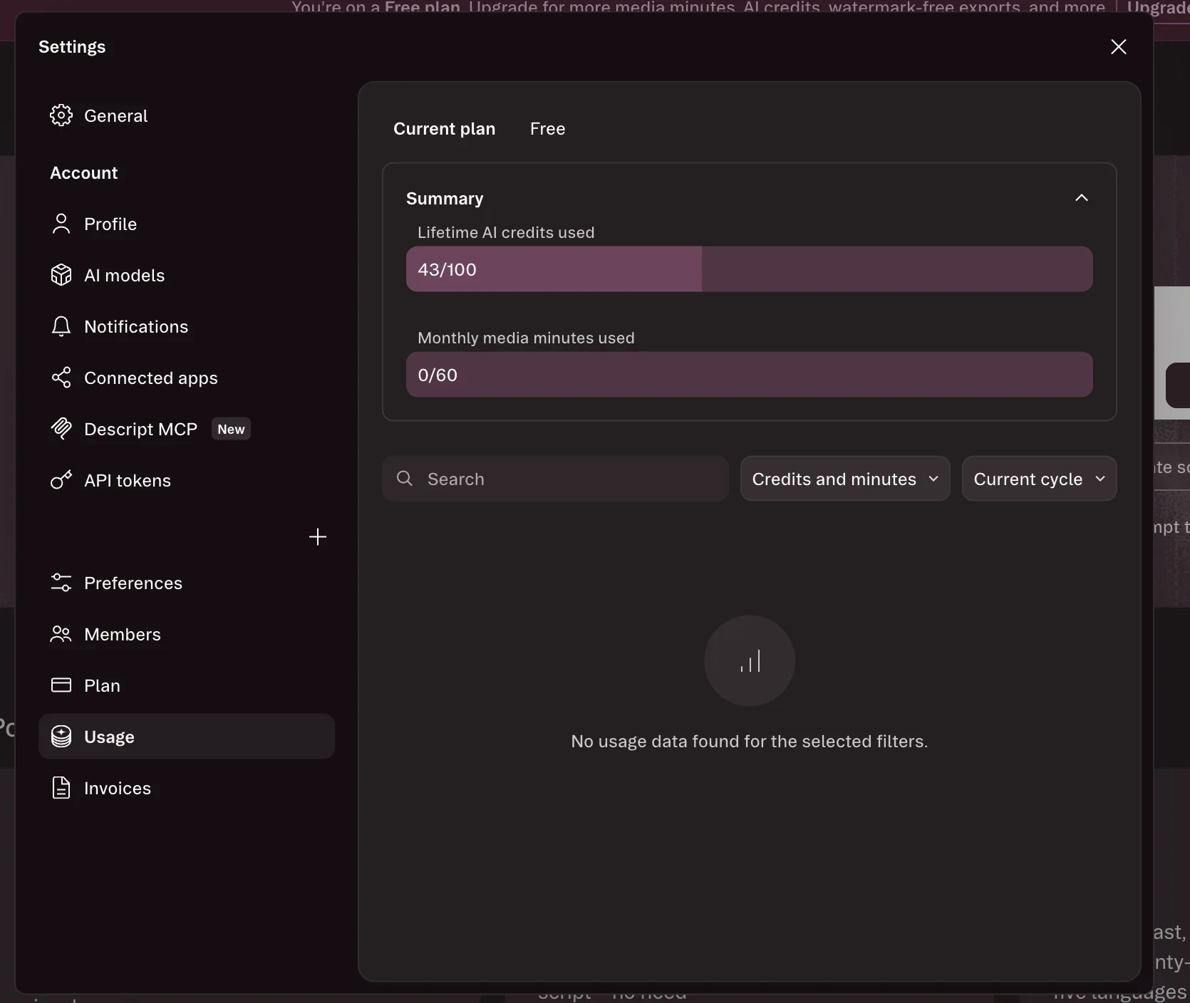 My usage page: 43 of 100 lifetime AI credits already spent on the free plan