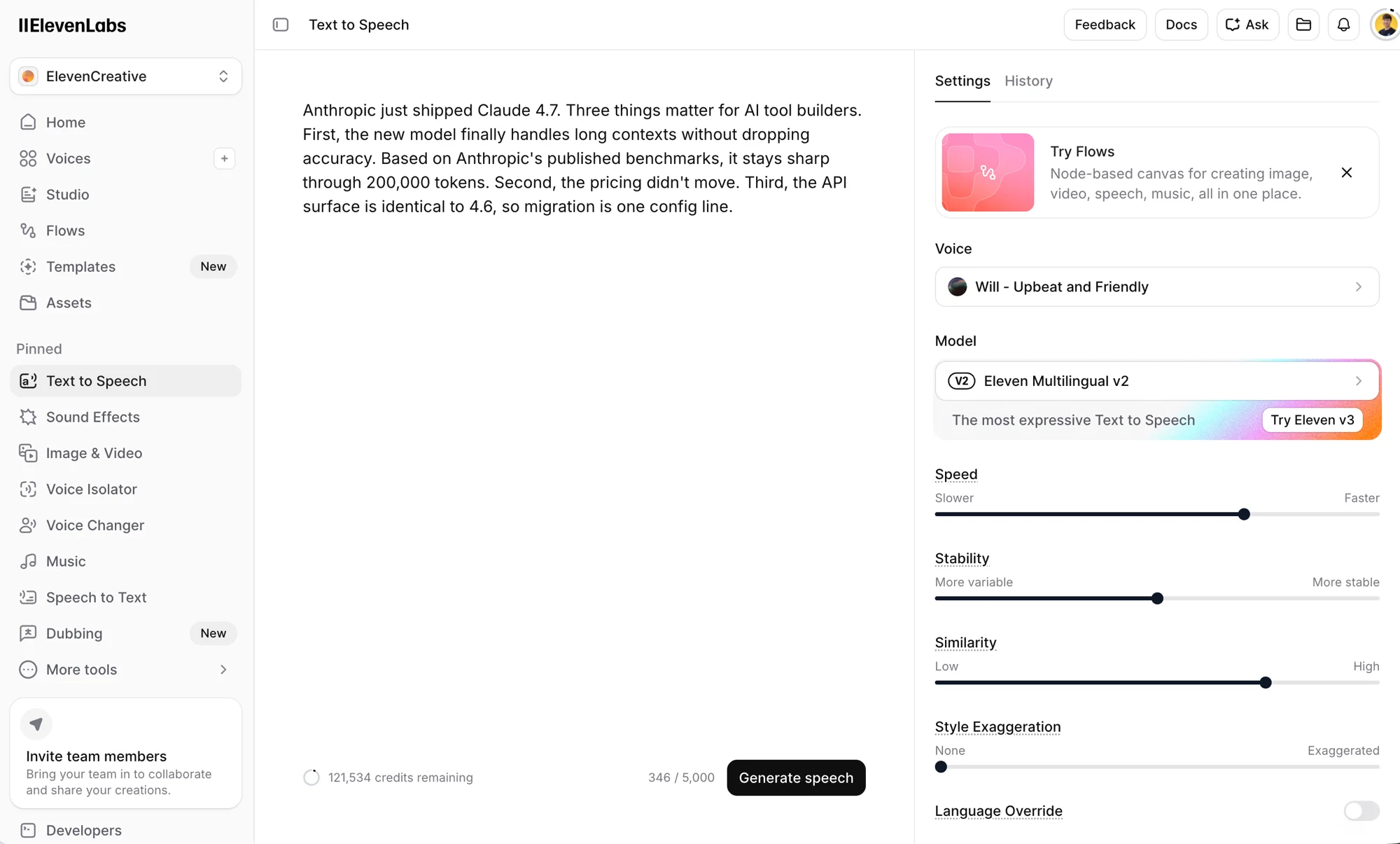 The Text to Speech editor with the voice, model, and stability / similarity / style sliders