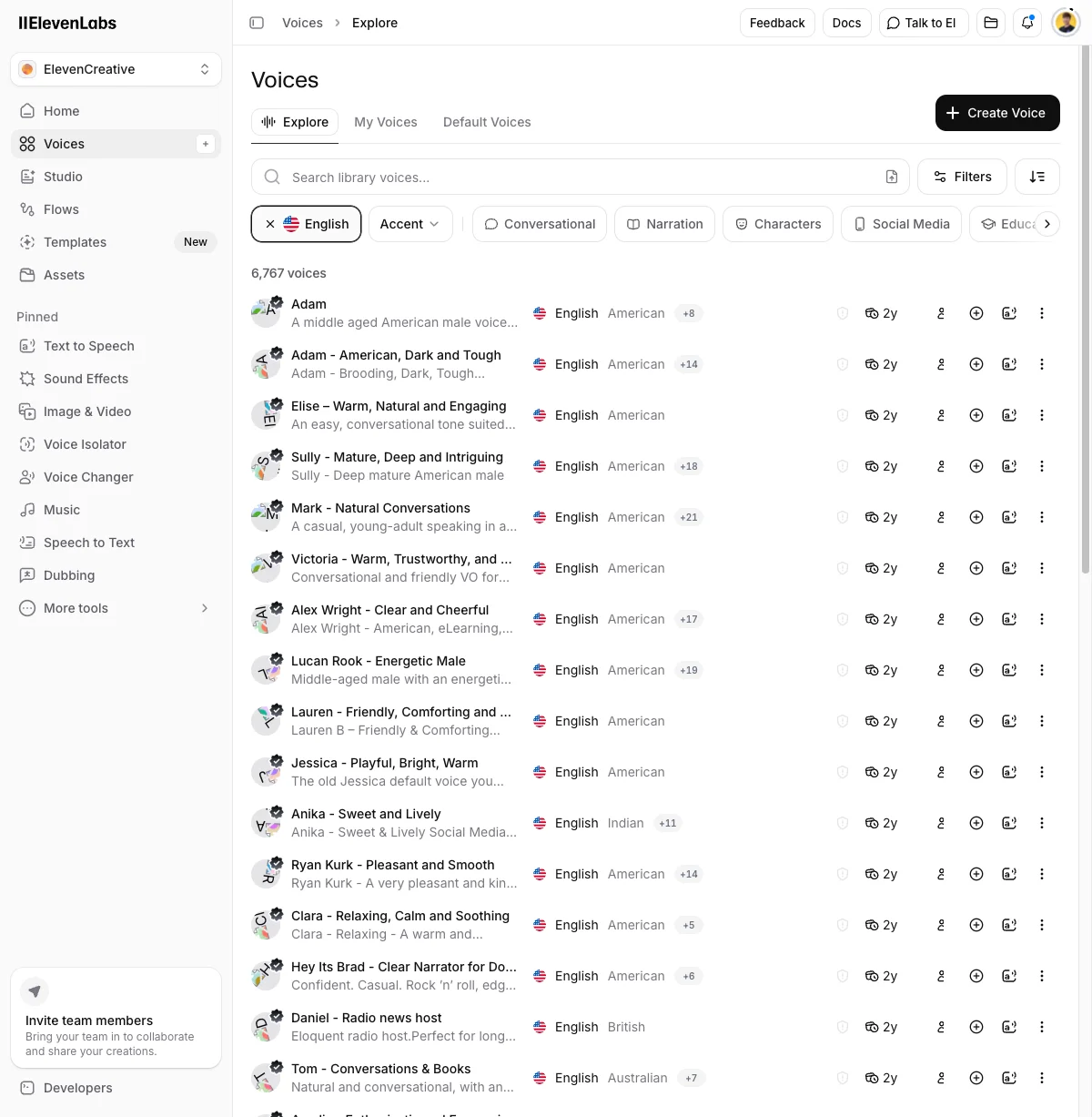 The ElevenLabs Voice Library, filtered by use case across thousands of voices