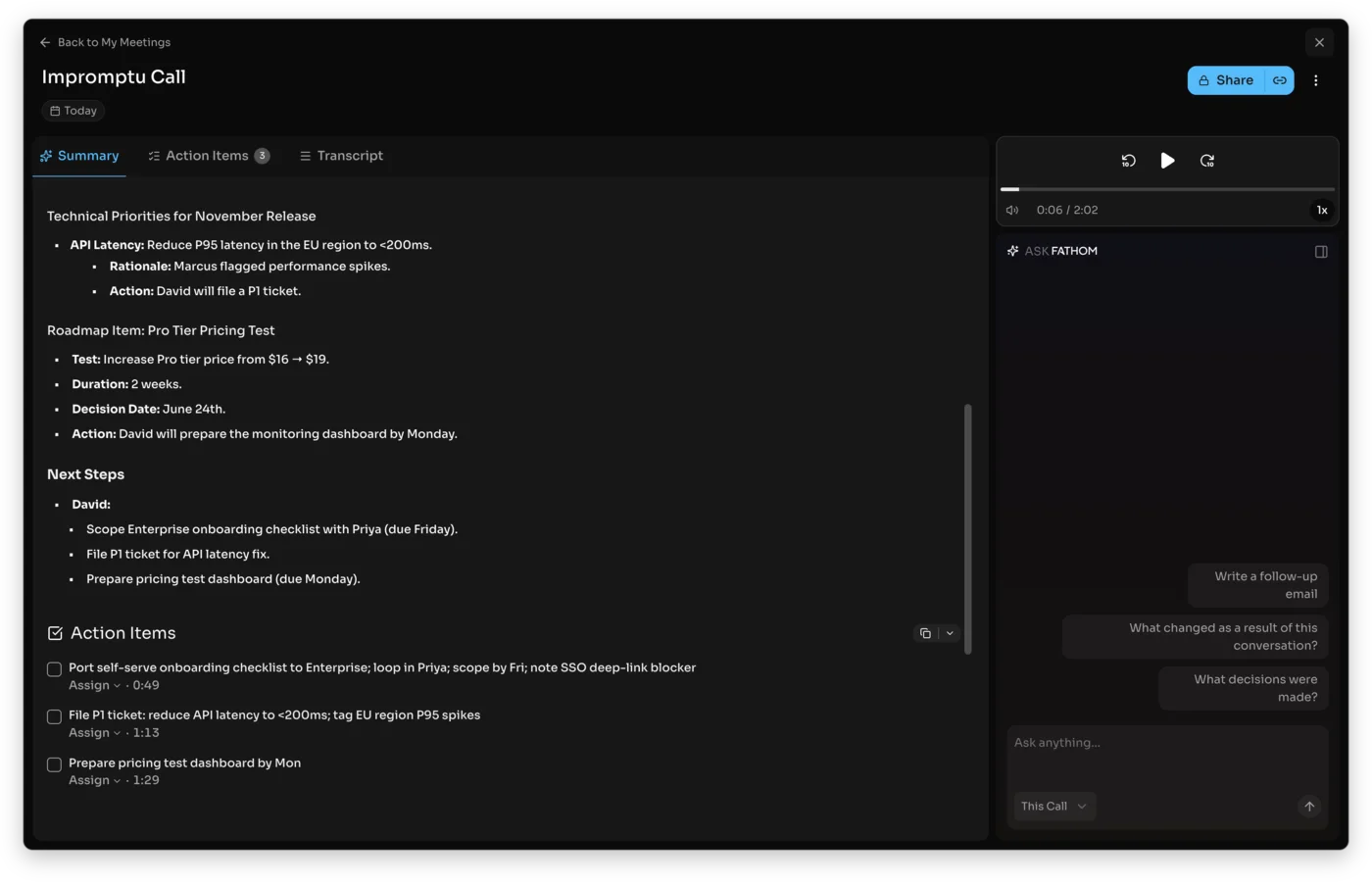 Fathom's timestamped, assignable action items from the test meeting