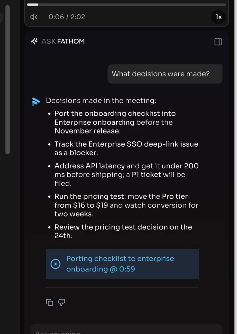 Ask Fathom answering what decisions were made, with a clickable timestamped citation back to the recording