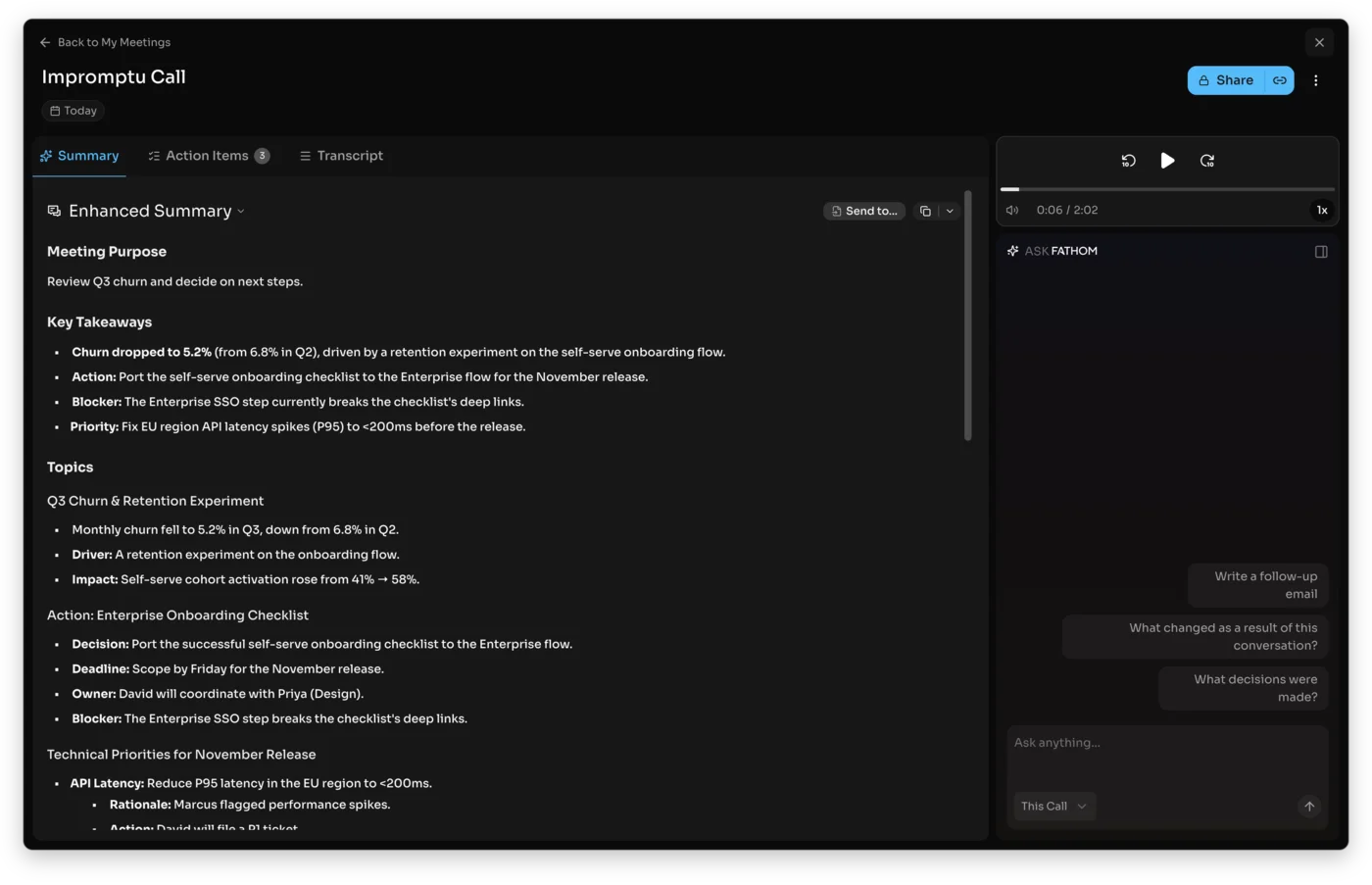Fathom's structured Enhanced Summary and Ask Fathom panel from our test meeting