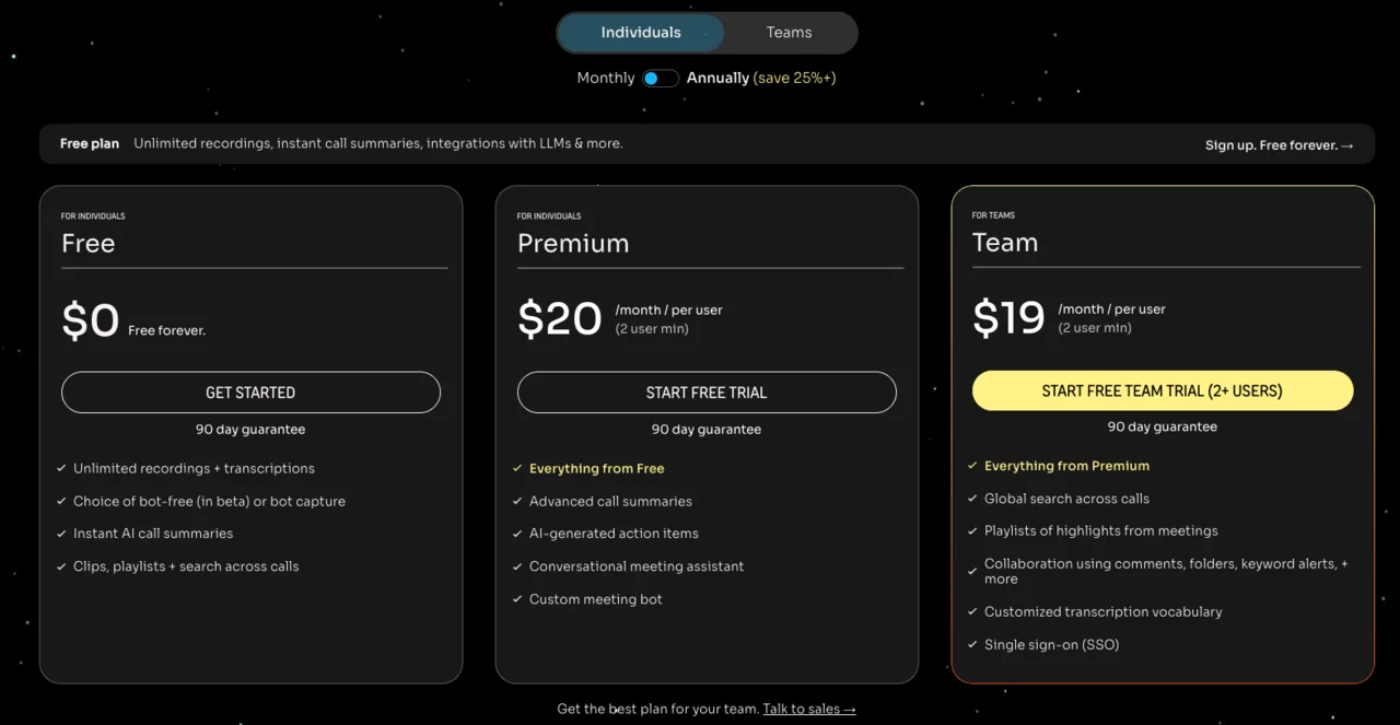 Fathom's individual plans on its pricing page, led by a free-forever tier with unlimited recordings, then Premium at $20 and Team at $19 per user