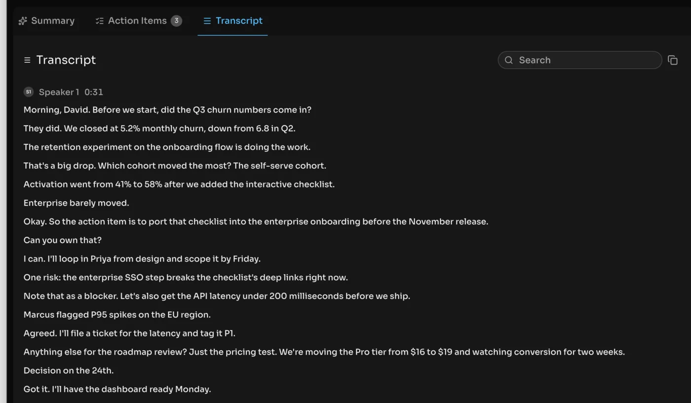 Fathom's timestamped transcript of the test call, with a search box and the words captured accurately