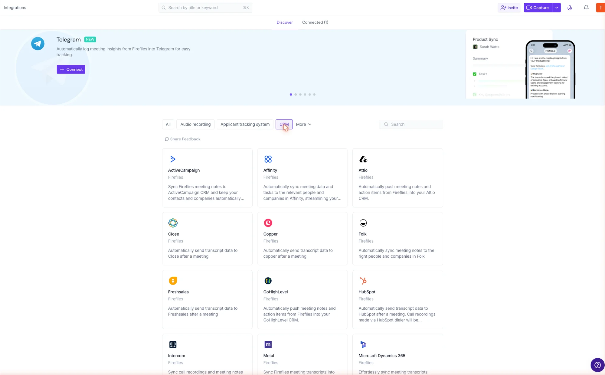 The Fireflies integrations marketplace filtered to CRM, showing connectors for ActiveCampaign, Affinity, Attio, Close, Copper, Folk, Freshsales, GoHighLevel, HubSpot, Intercom, and Microsoft Dynamics 365