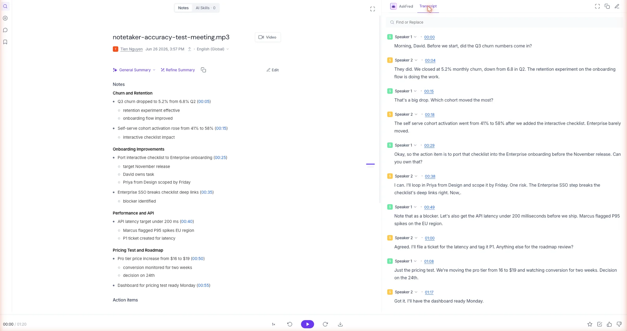 Fireflies meeting view: the timestamped topic summary on the left, the diarized Speaker 1 / Speaker 2 transcript on the right, from the uploaded test meeting