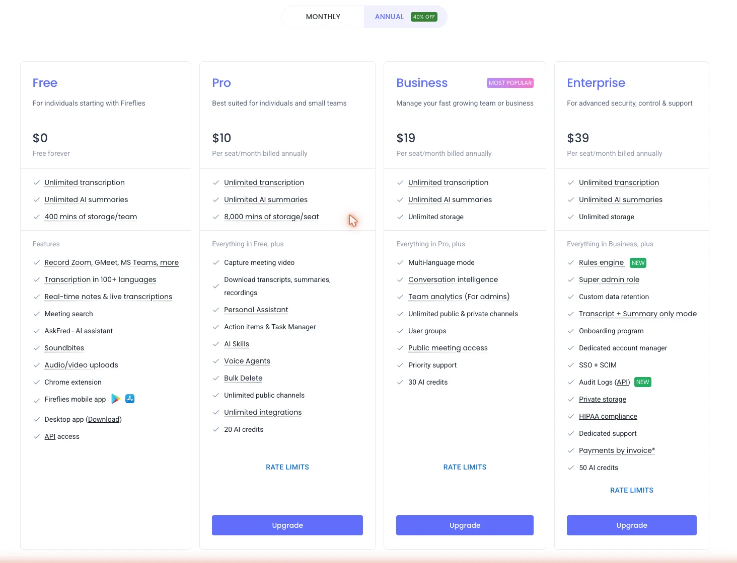 Fireflies' four pricing plans on the in-app billing page: Free at $0, Pro at $10, Business at $19 marked Most Popular, and Enterprise at $39, all per seat billed annually
