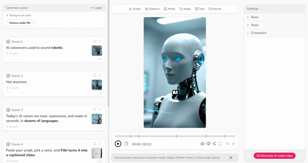 Fliki's script-to-video editor: each script line is a scene with the Cooper AI voice, an AI-generated image, and a caption, with the vertical preview on the right