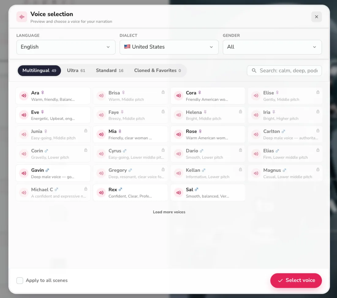Fliki's voice selection library filtered to US English: Multilingual, Ultra, and Standard voice categories, each voice with a preview and a descriptor like warm, energetic, or deep and authoritative