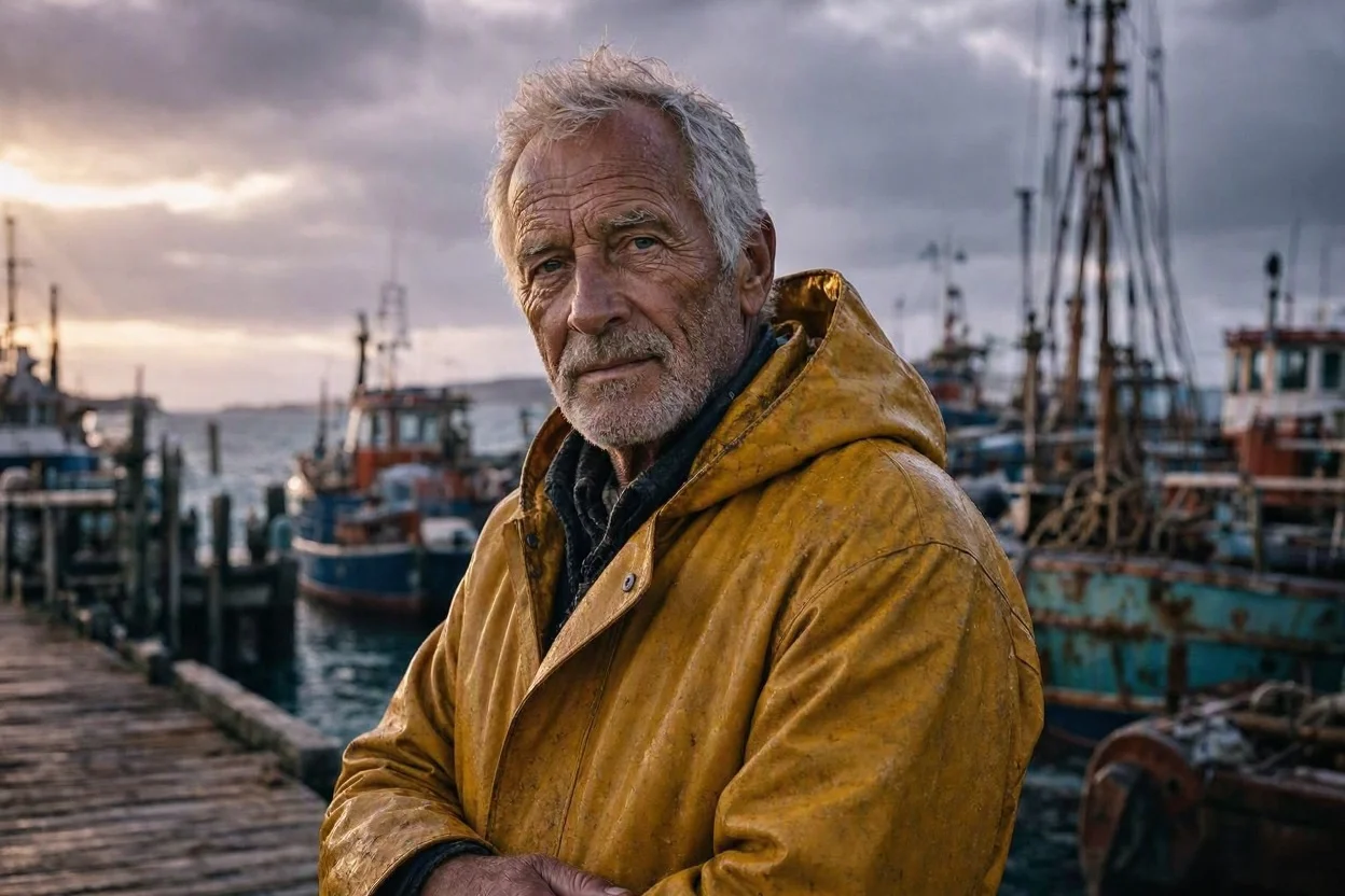 Bing Image Creator's free result for the fisherman prompt, made without signing in: a grey-haired, weathered man in a mustard raincoat on a wooden dock in front of rusting fishing boats under golden storm clouds