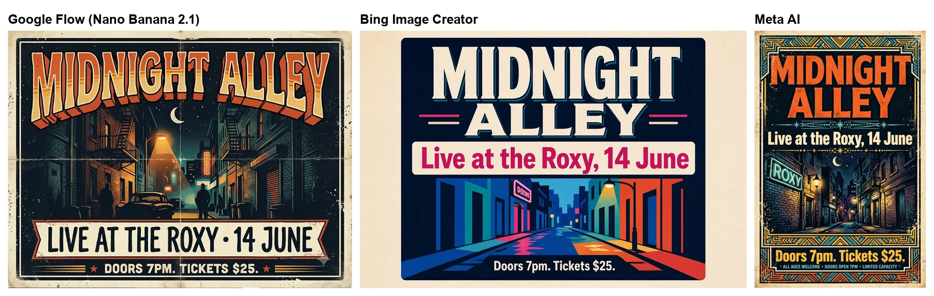 The same poster prompt in three free AI image generators: Google Flow's Nano Banana 2.1 set all three lines in capitals with a bullet in place of the comma, Bing Image Creator kept the exact wording and case, and Meta AI kept the wording in a tall poster and added a line of small print