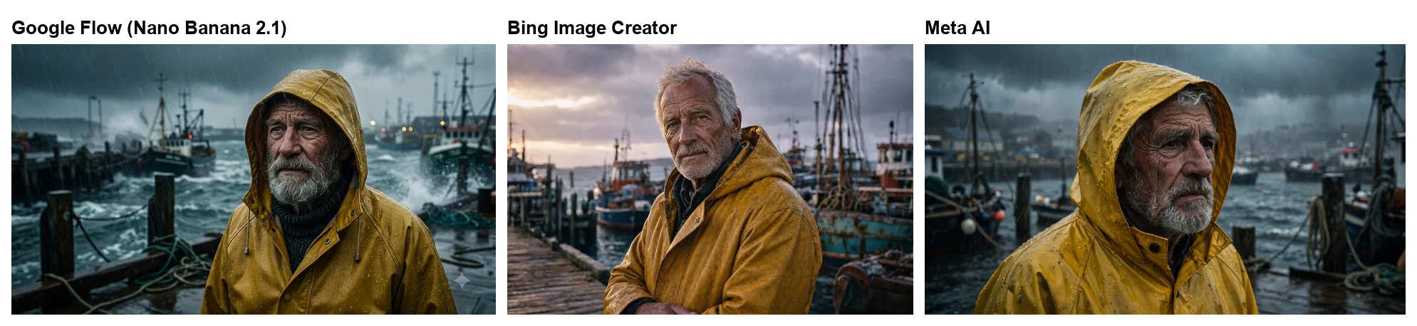 The same fisherman prompt in three free AI image generators: Google Flow's Nano Banana 2.1 drew a bearded man in a rain-soaked mustard raincoat with crashing waves, Bing Image Creator a grey-haired man on a dock under golden storm light, and Meta AI a closer, darker shot with boats and dock posts