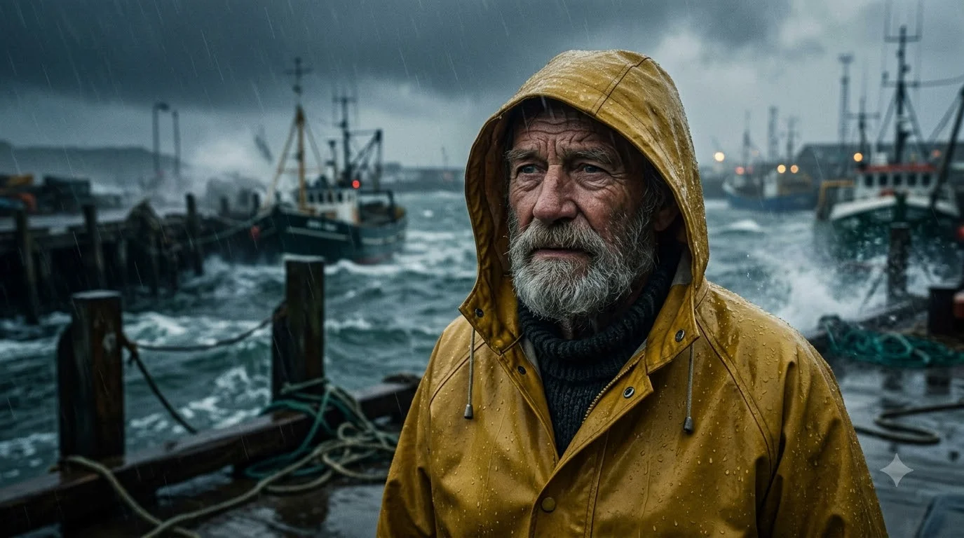 The test photo uploaded to Google Flow and Meta AI: a bearded fisherman in a rain-soaked yellow hooded raincoat on a stormy harbour, with fishing boats, a wooden pier, posts and ropes behind him
