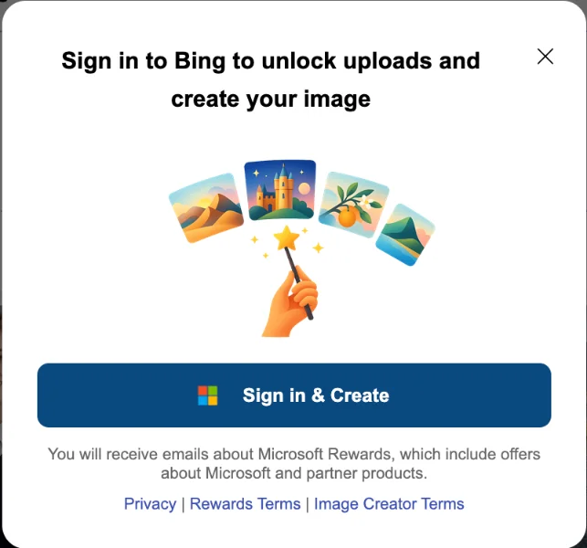 Bing Image Creator's sign-in panel shown after uploading a photo to its Background Remover: Sign in to Bing to unlock uploads and create your image, with a Sign in and Create button and a note about Microsoft Rewards emails