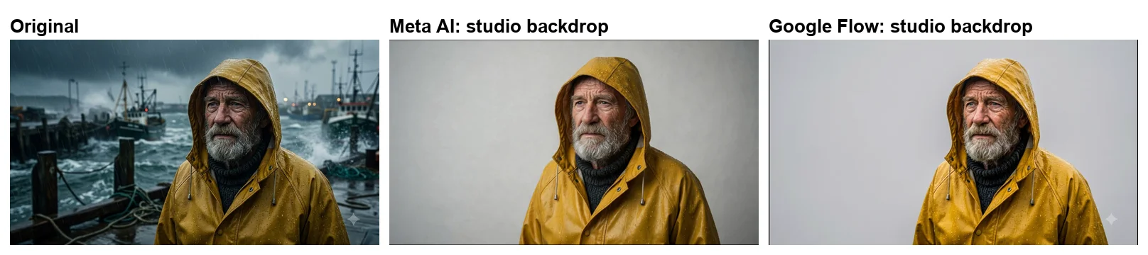 The same photo with its background replaced by two free AI photo editors: Meta AI's plain grey studio backdrop with the fisherman shifted slightly toward the centre, and Google Flow's plain grey backdrop with the fisherman in the same position and size as the original