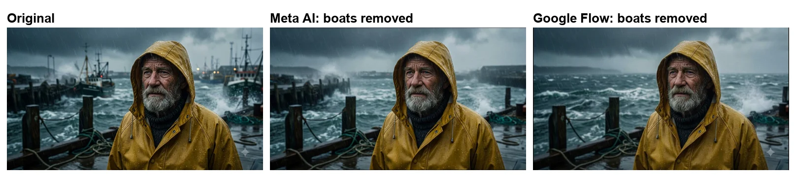 The same photo with the boats removed by two free AI photo editors: Meta AI kept the pier and posts on the left and put a harbour wall where the boats were, while Google Flow removed the boats, the pier and the harbour buildings, leaving open sea
