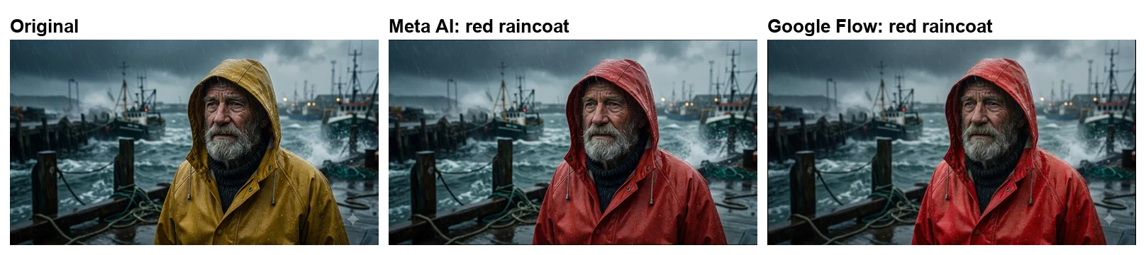 The same photo recoloured by two free AI photo editors: the original fisherman in a yellow raincoat on a stormy harbour, Meta AI's version with a red raincoat and the scene unchanged, and Google Flow's version with a red raincoat and the scene unchanged